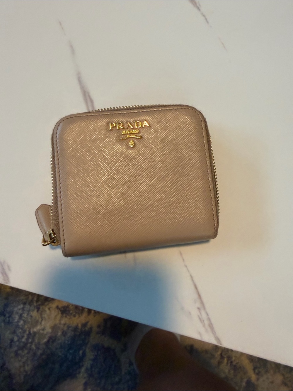 Prada Compact Saffiano Zip Wallet in Light Taupe